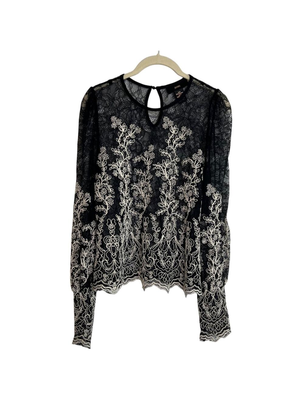 RAIN Womens Lace Whimsigoth Top Size Small Black Embroidered Flowers Sheer Fairy